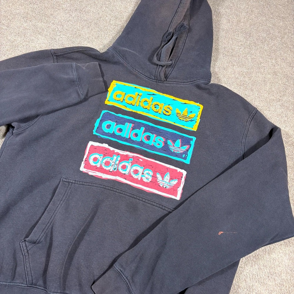 adidas Originals Tri Linear Hoodie Unisex M Black Graphic Fleece Lined Pullover
